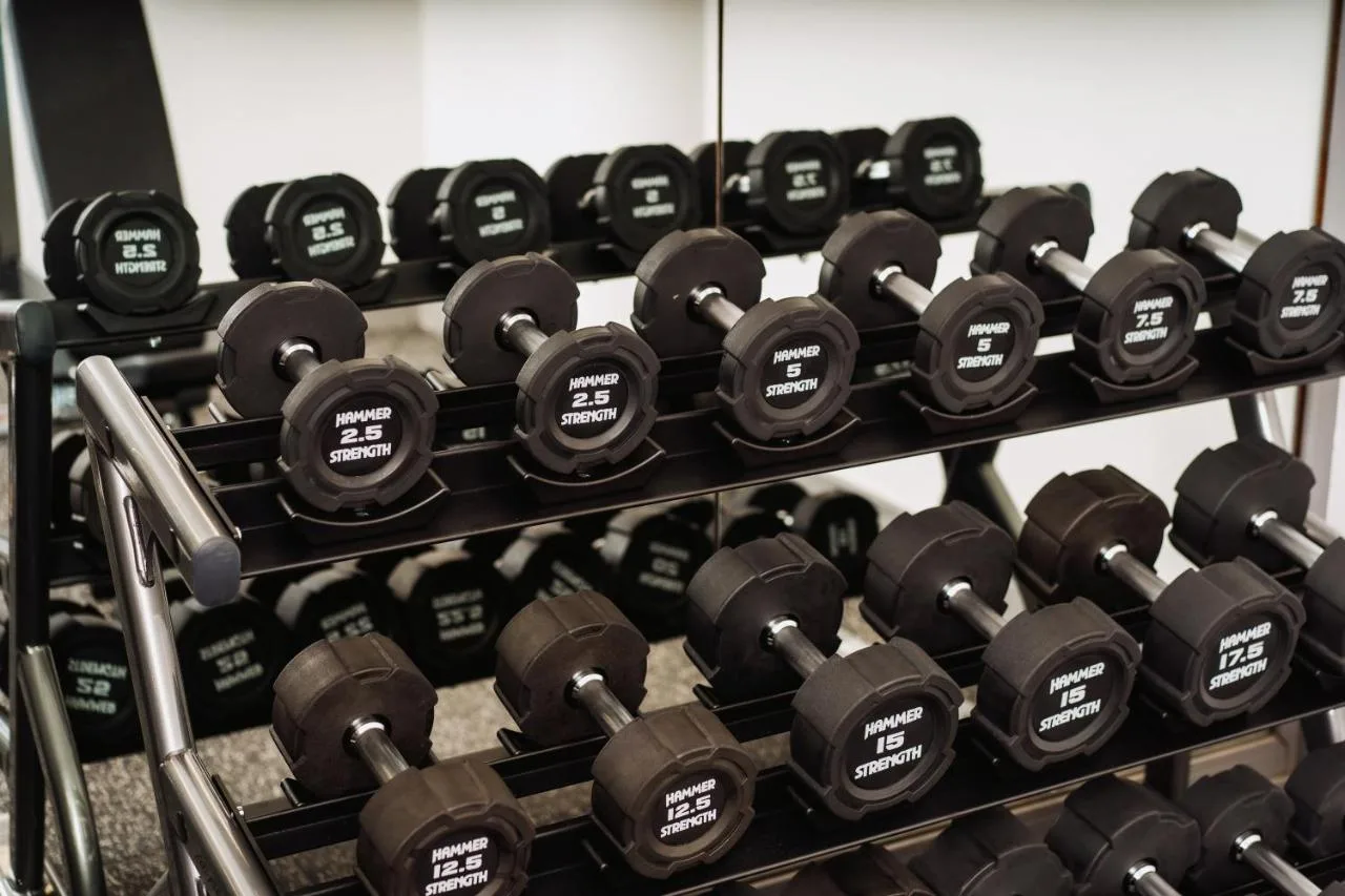 a bunch of dumbbells on a rack in a gym at voco St. David's Cardiff by IHG in Cardiff